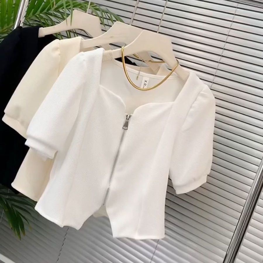 Áo Cardigan Cổ Vuông Tay Phồng Phối Khóa Kéo Phong Cách Pháp Thời Trang Mùa Hè Mới Cho Nữ