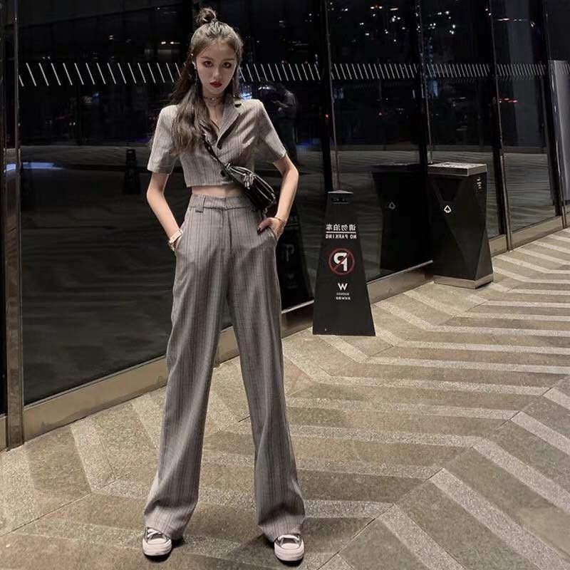 Set đồ trang trọng áo sơ mi croptop xám tay ngắn + quần dài lưng cao ống rộng xám ulzzang ( có bán riêng )
