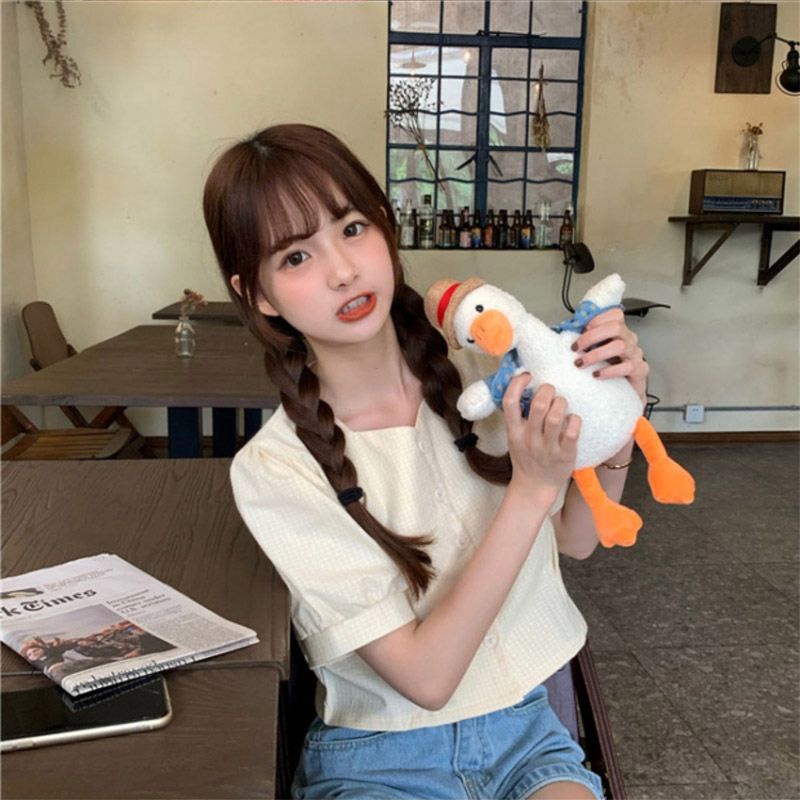 Áo Sơ Mi Tay Ngắn Phồng Cổ Vuông Họa Tiết Kẻ Sọc Thời Trang Mùa Hè Hàn Quốc 2023 Mới Cho Nữ