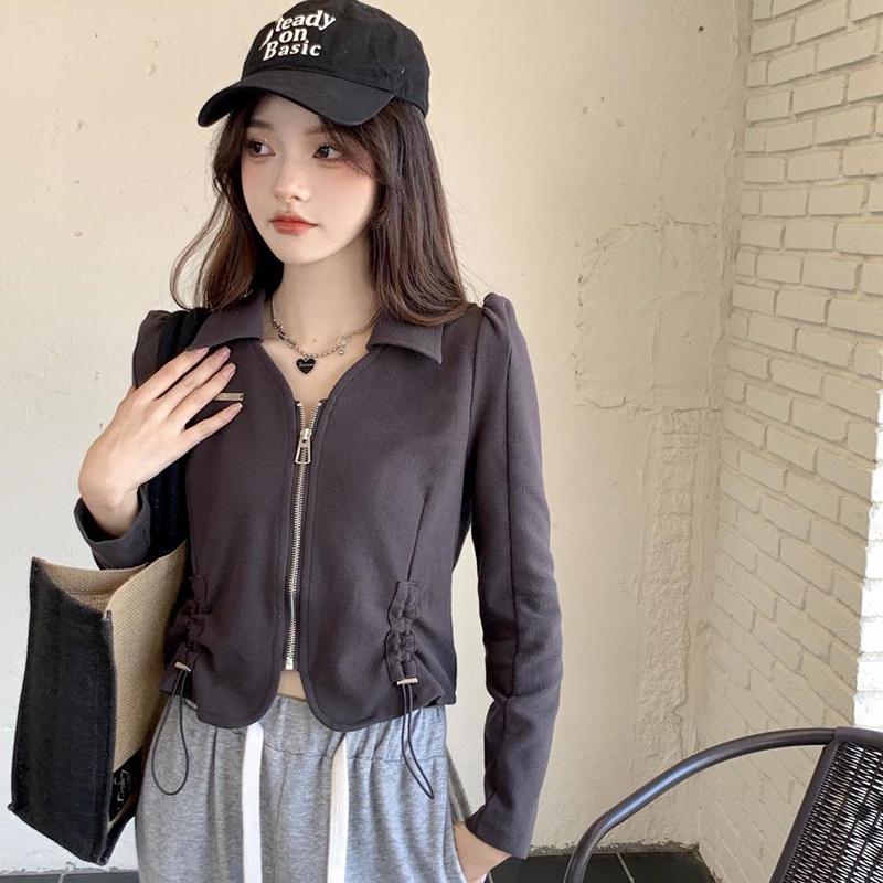 IELGYÁo Thun Lửng Tay Dài Cổ polo Phối Dây Rút Thời Trang Cho Nữ