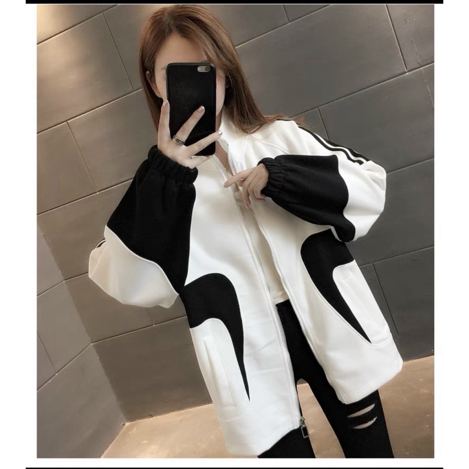 Áo Khoác Nỉ Nữ Dây Khóa Kéo Cổ Cao Phối Màu Mặc Đẹp Thoải Mái NEW UNISEX