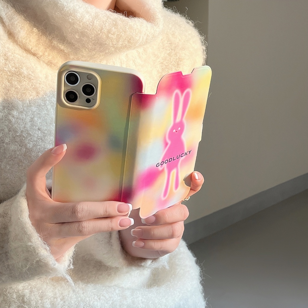 Bao Da Điện Thoại Nắp Lật Mềm Hình Thỏ Cầu Vồng Sáng Tạo Cho iPhone 11 12 13 14 PRO MAX 14 Plus Vỏ