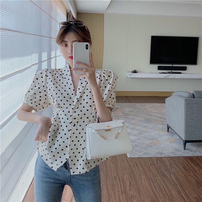 SUXI Áo Sơ Mi Tay Ngắn Họa Tiết Chấm Bi Phong Cách Vintage Hàn Quốc