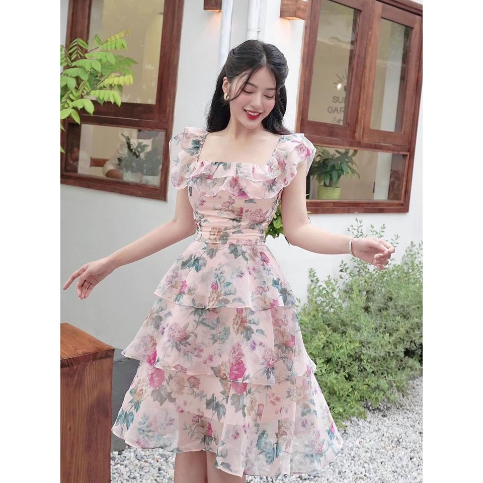 ✨BÁN SỈ✨Đầm voan tầng cổ vuông 2 lớp