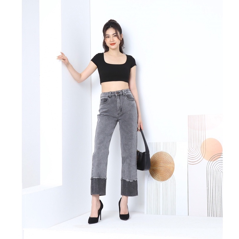 Quần jean ống rộng nữ lưng cao vải co giãn 4 chiều thoáng khí lật gấu ngược CP08, CT JEANS