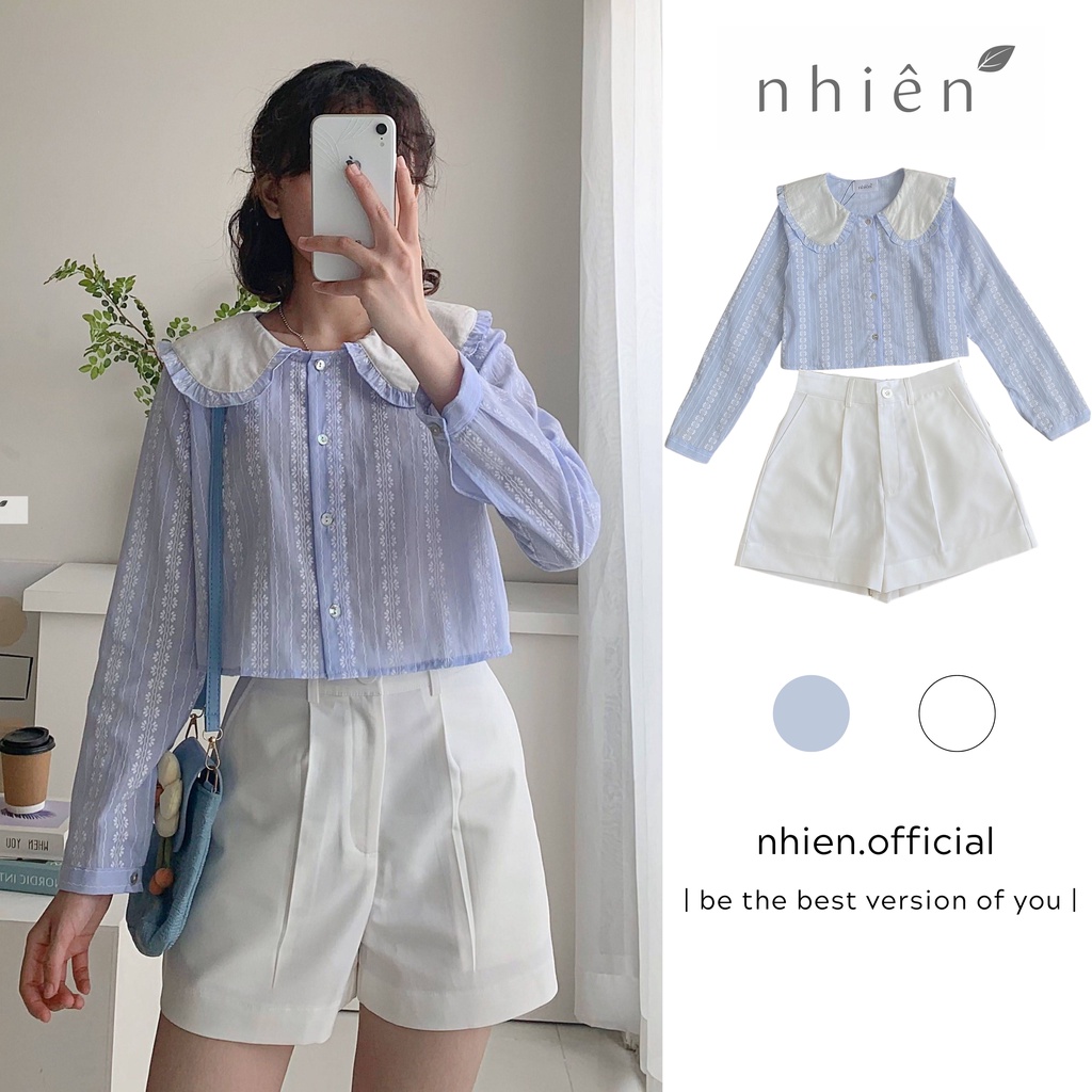 Áo xô hoa croptop - áo sơ mi cổ sen tay dài nữ nhiennhienvintage BA290