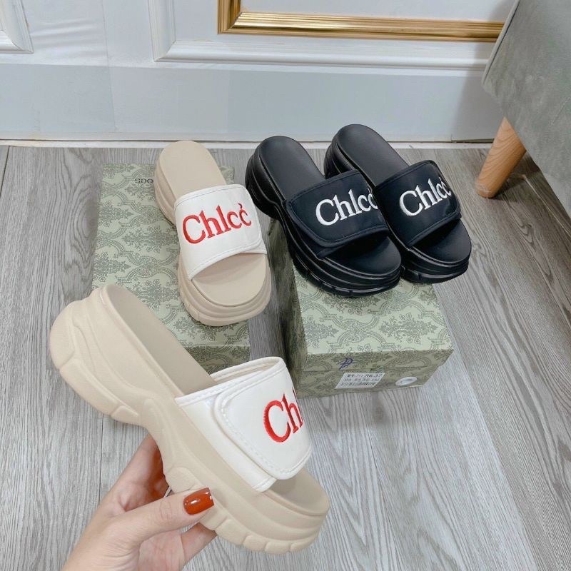 Dép đế xuồng chữ thêu CHLCC đế nhẹ cao 5cm hàng quảng châu full hộp