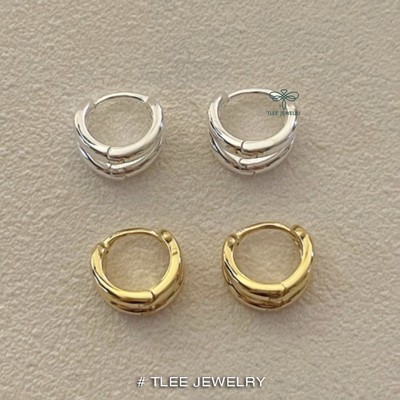 Bông tai bạc nữ TLEE hai tầng chốt bấm bản dày cá tính TLEE JEWELRY B0384