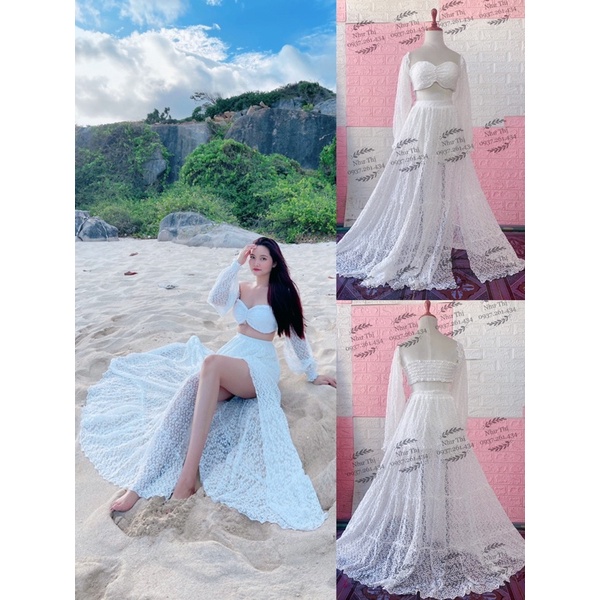 (miễn phí chỉnh váy) sét maxi ren trắng áo ống cúp ngực và chân váy xẻ tà đi biển du lịch chụp hình sống ảo