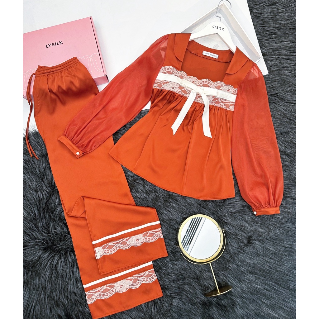 Bộ đồ ngủ nữ pyjama lụa thiết kế cao cấp LYSILK - BN275 - Áo dài tay quần dài đồ mặc nhà phối ren lụa họa tiết