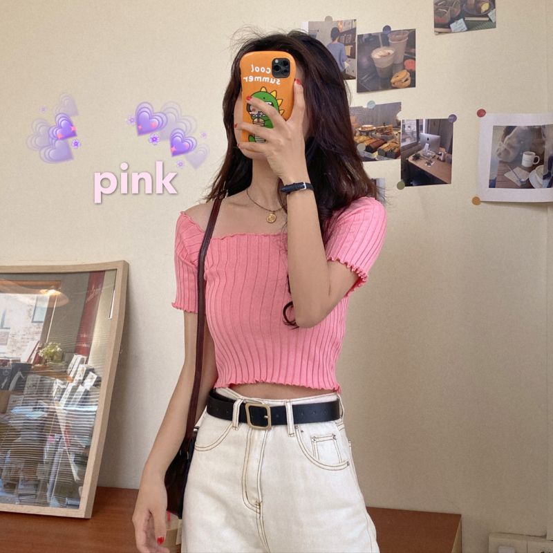 Áo thun COZOKC dệt kim tay ngắn cổ vuông dáng ôm thời trang