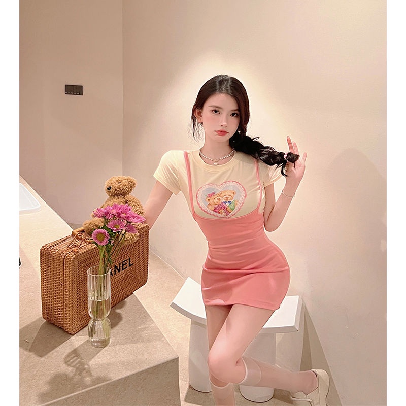 COZOK Set Áo Thun Ngắn Tay Ôm Dáng + Đầm Hai Dây Gợi Cảm Cho Nữ