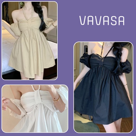 Váy babydoll nữ dáng xoè cổ đính nơ chất thô mềm xếp, tiểu thư VAVASA V89 | BigBuy360 - bigbuy360.vn