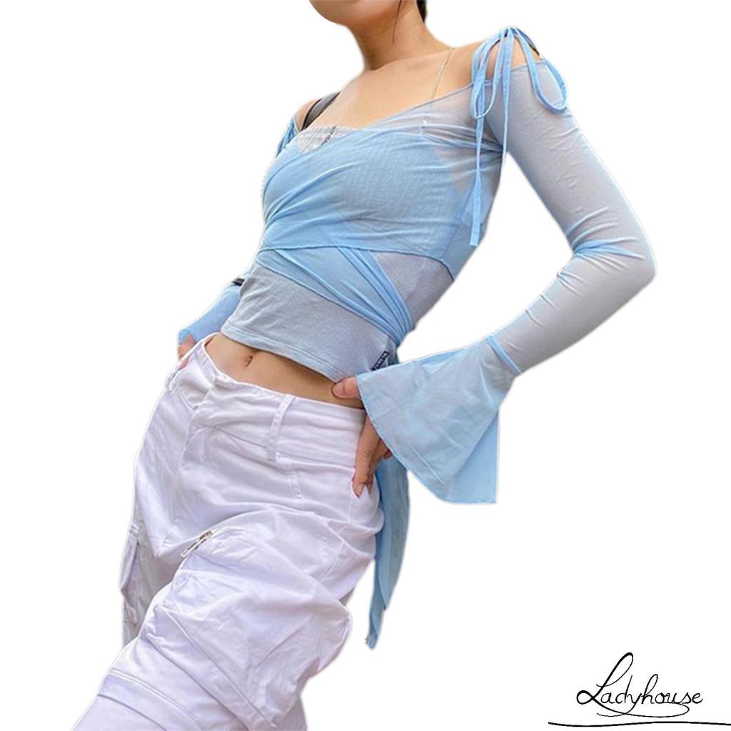 Áo Thun Tay Loe Phối Lưới Màu Trơn Thời Trang Cho Nữ