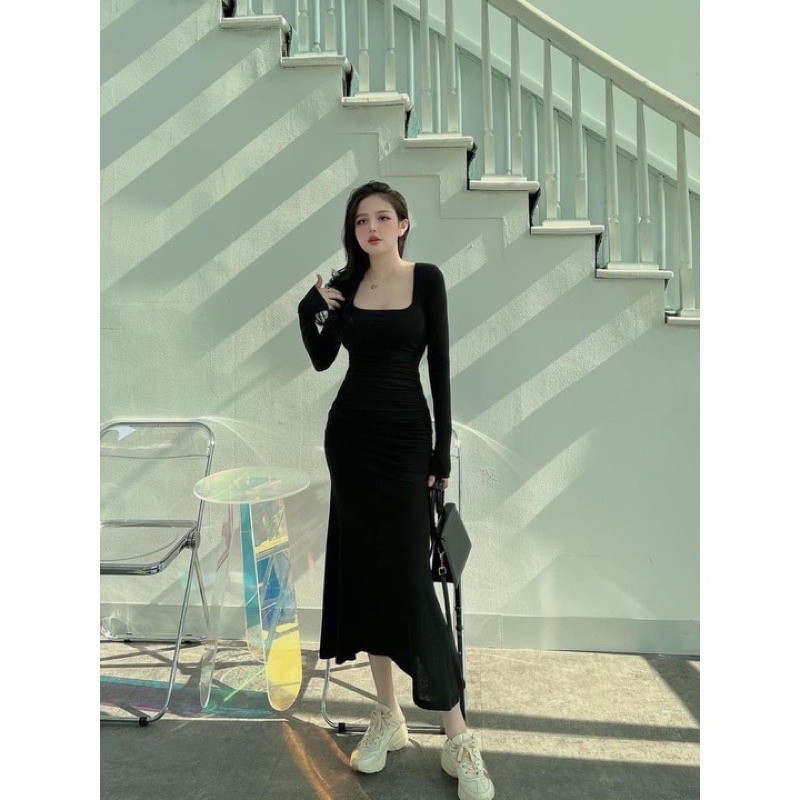 Váy Body Cổ Vuông Dài Tay Nhúm Eo Dáng Dài Đuôi Cá , Đầm Ôm Body Nhúm Eo Tôn Dáng