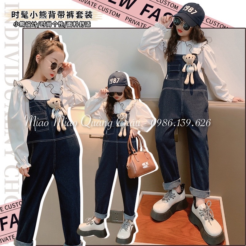 Set yếm bò + áo sơ mi bánh bèo cho bé gái size đại 5 đến 18 tuổi