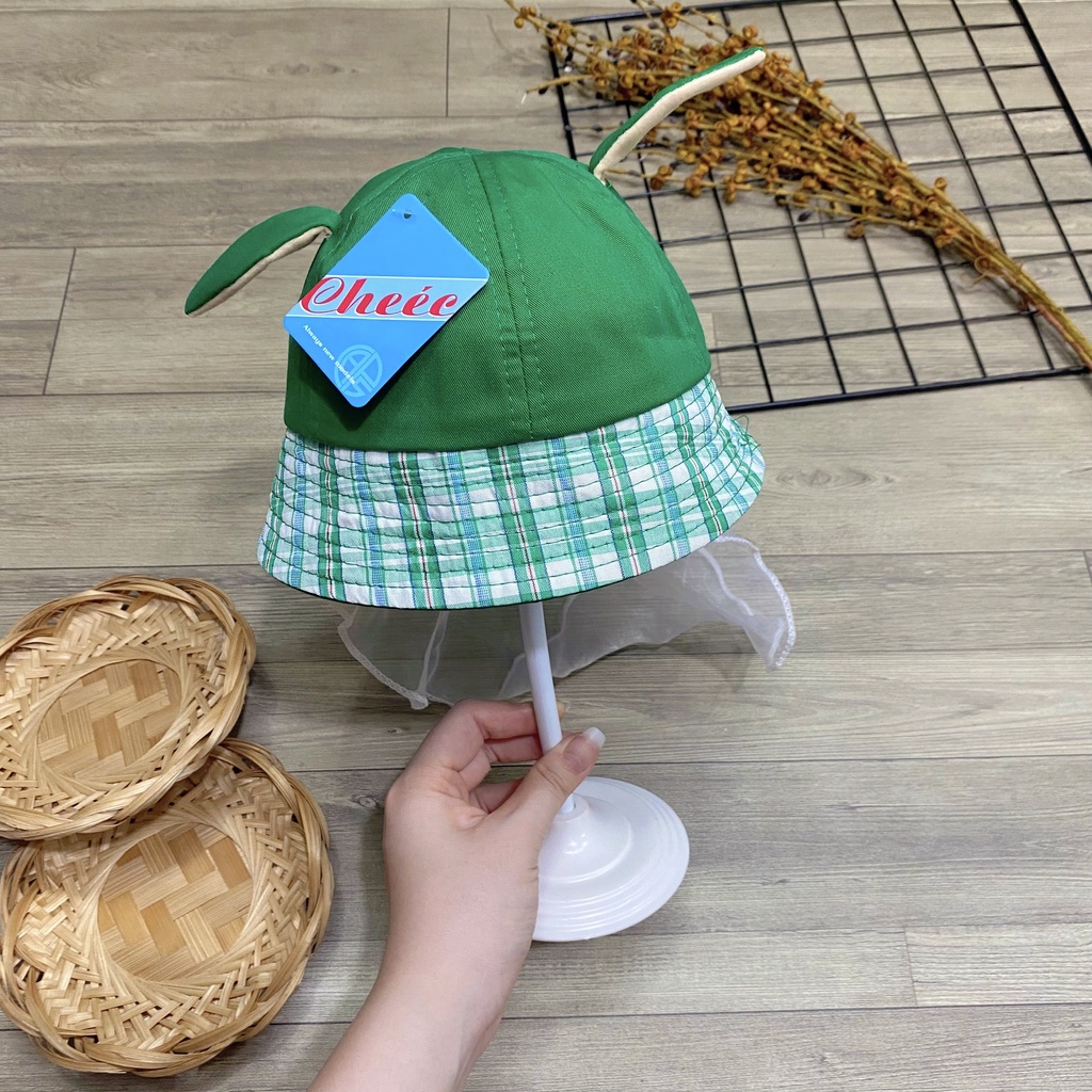Nón tai bèo thêu hình cún có voan che bụi cho bé siêu cưng - NN31