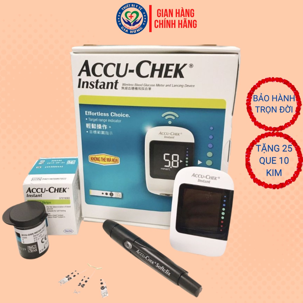 Máy đo đường huyết Accu-Chek Instant + Hộp 25 que thử và 10 kim chích - Hàng Chính Hãng