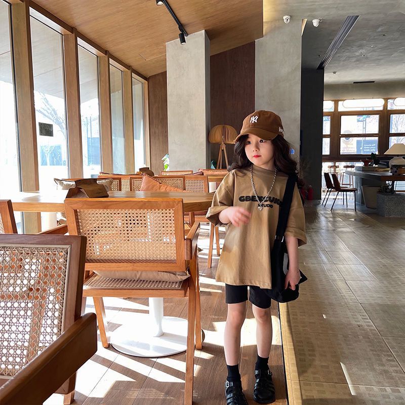 Áo Thun 100% Cotton Tay Ngắn Dáng Rộng In Chữ Thời Trang Mùa Hè 2023 Cho Bé Gái