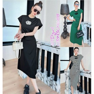 Hàng nhập - Đầm dáng xòe thun cotton kẻ ngang tay con, váy dạo phố tà lệch trẻ trung
