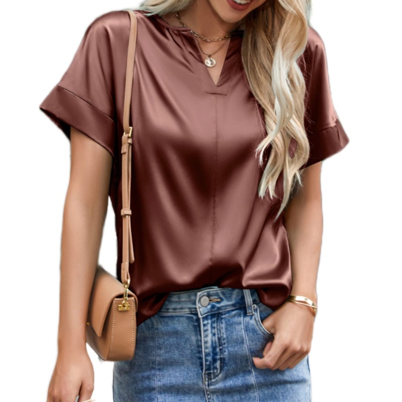 Xiangbao Áo Sơ Mi Satin Tay Ngắn Cổ Chữ V Dáng Rộng Vừa Vặn Cho Nữ