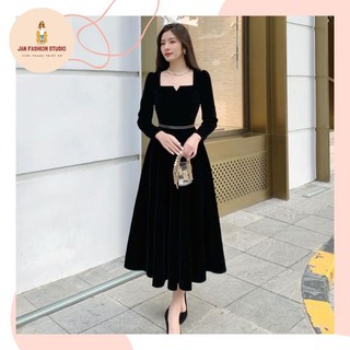 [JAN FASHION - V181] Váy nhung đen dài tay dáng dài ren eo khoét cổ siêu sang