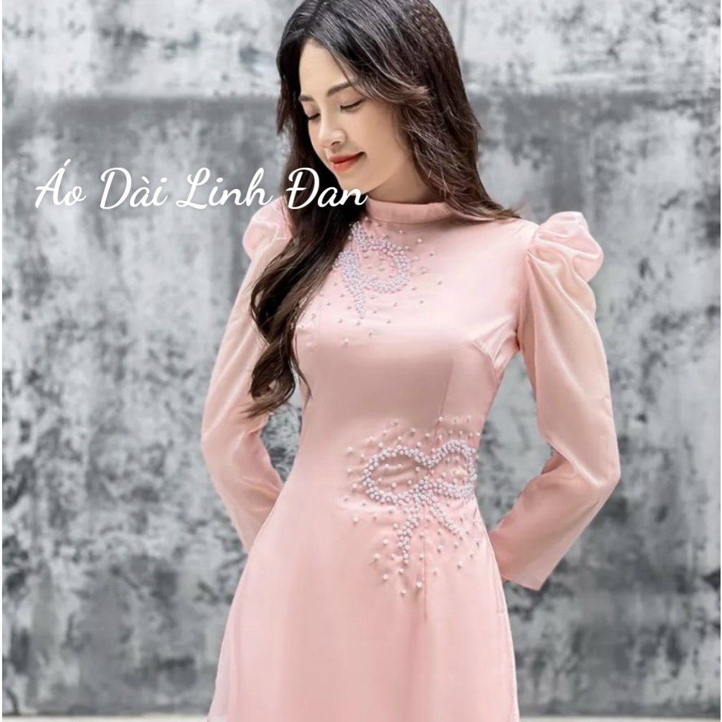 Áo dài kết nơ ngọc cao cấp màu hồng - Áo Dài Linh Đan