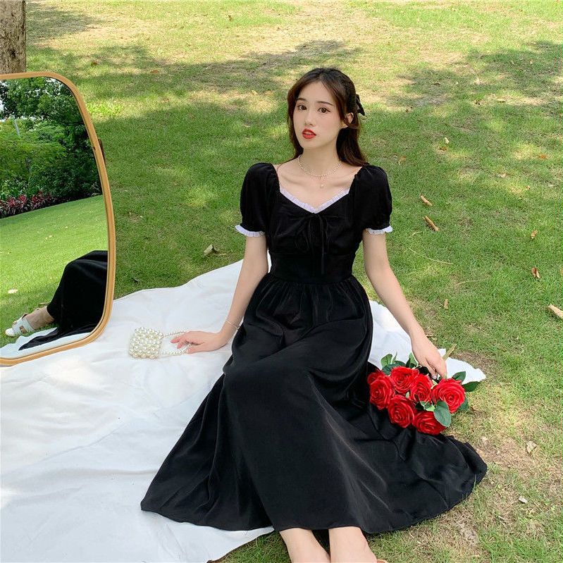 Happy-store ❤️ Pháp siêu khí chất cổ tích váy dài vừa phải mùa hè của phụ nữ tay phồng eo eo cao thiết kế màu trơn