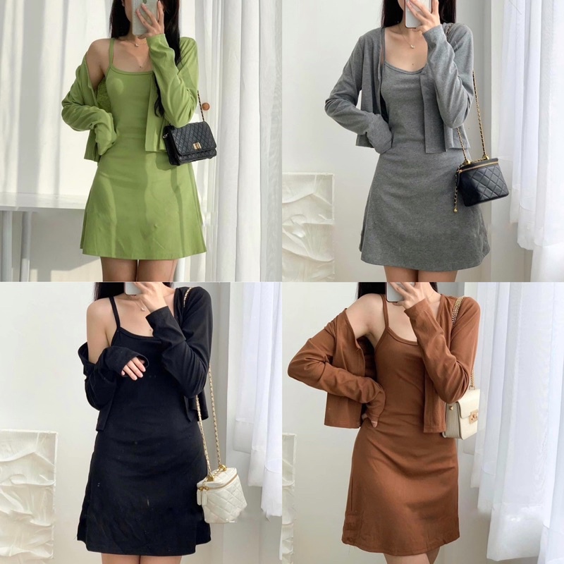 Set đầm thun 2s ngắn kèm áo croptop lưng tay dài chất co giãn freesize Pumi 14061