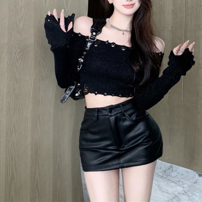 Áo Dệt Kim Tay Dài Lệch Vai Quyến Rũ Thời Trang Cho Nữ áo croptop