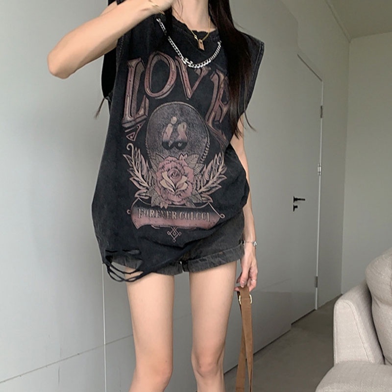 Áo thun XINLANYASHE không tay dáng rộng in họa tiết cổ điển phong cách Hàn Quốc thời trang 2023 cho nữ