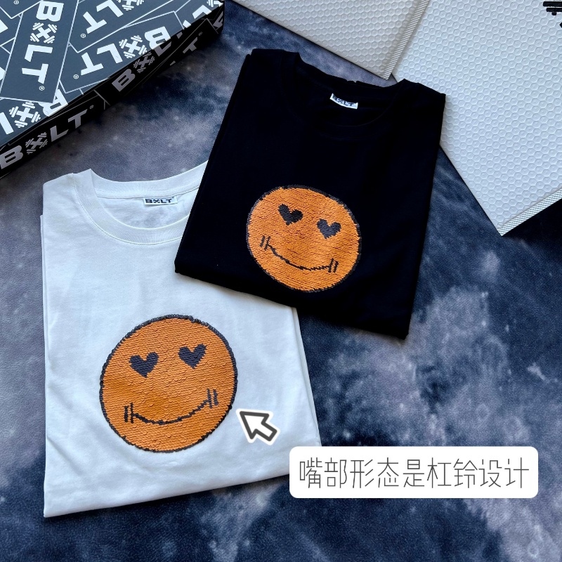 Áo Thun Cotton Tay Ngắn Dáng Rộng Cỡ Lớn In Hình Biểu Tượng Cảm Xúc Đính Kim Sa Lấp Lánh Thời Trang Cho Nam Và Nữ