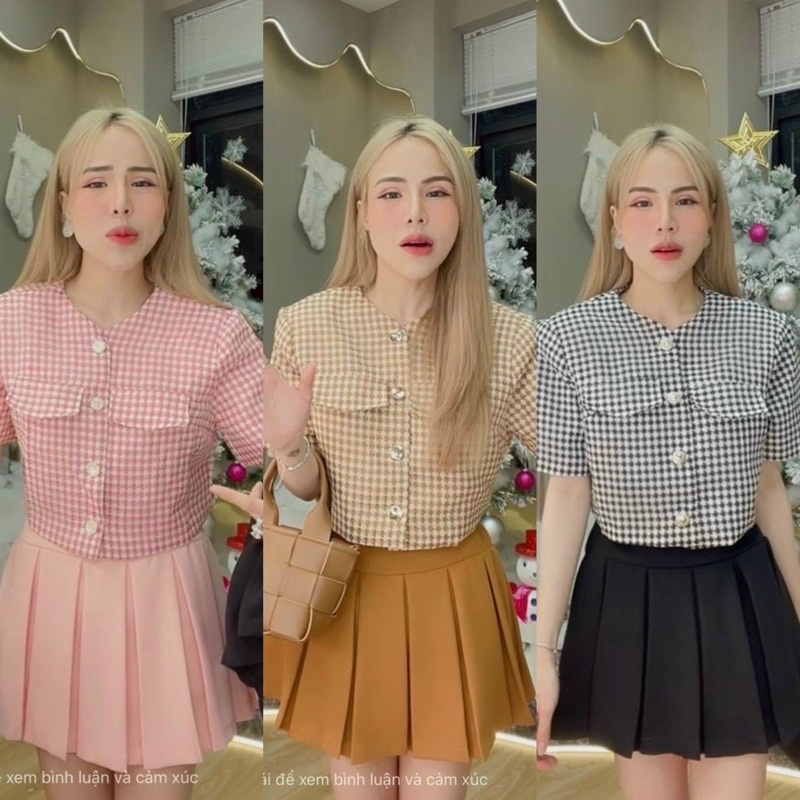 Set Áo Croptop Dạ Núc Caro Sọc Tay Ngắn Kèm Chân Váy Xếp Ly