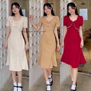 Đầm midi đuôi cá phối nơ ren
