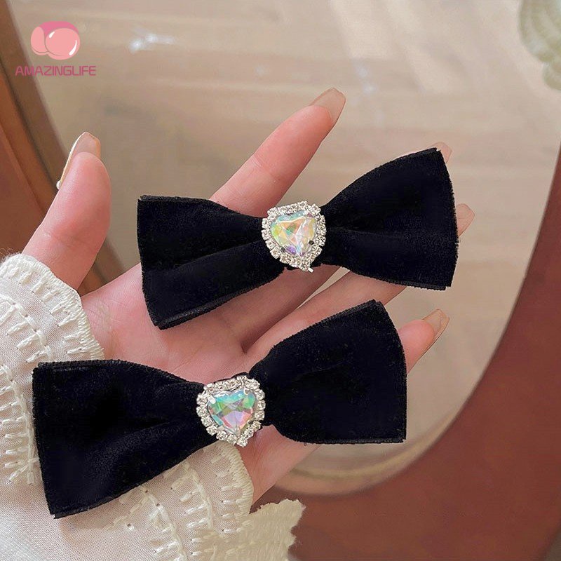 Kẹp Tóc Hình Nơ Đính Kim Cương Giả Màu Đen / Nhung Phong Cách Ins Cổ Điển Thời Trang Cho Nữ