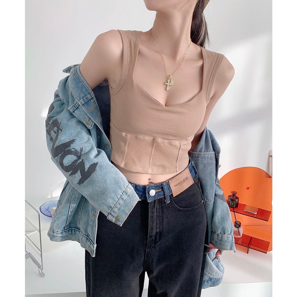 ZHELIHANGFEI Áo Croptop Sát Nách Lưng Cao Thiết Kế Quyến Rũ Cho Phái Nữ
