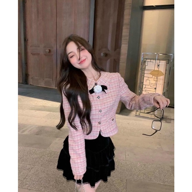 SET ÁO DẠ CARO TAY DÀI + CHÂN VÁY NHUNG VIỀN REN