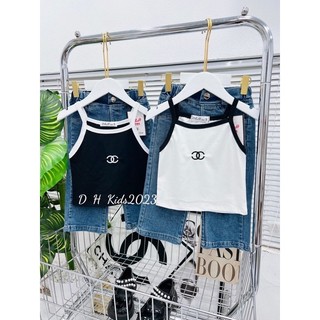 Bộ áo dây yếm cnel quần bò rách dh bé gái