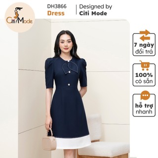 Đầm công sở CITI MODE FASHION thiết kế dáng A xanh phối chân váy viền trắng DH3866