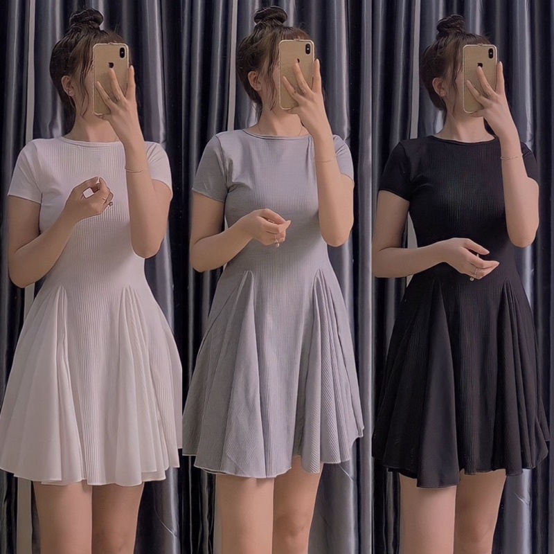 Set Đầm Tay Ngắn Xoè Vạt Đắp Sóng Bồng Bềnh Kèm Quần Cùng Vải Sịn