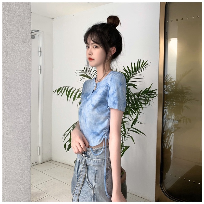 Áo kiểu crop top DIDIKA phối dây rút họa tiết nhuộm màu phong cách Nhật Hàn thời trang mùa hè dành cho nữ