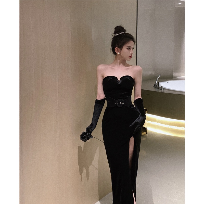 Hepburn style black evening dress high-end light luxury minority socialite banquet temperament tube velvet dress 5LFJ