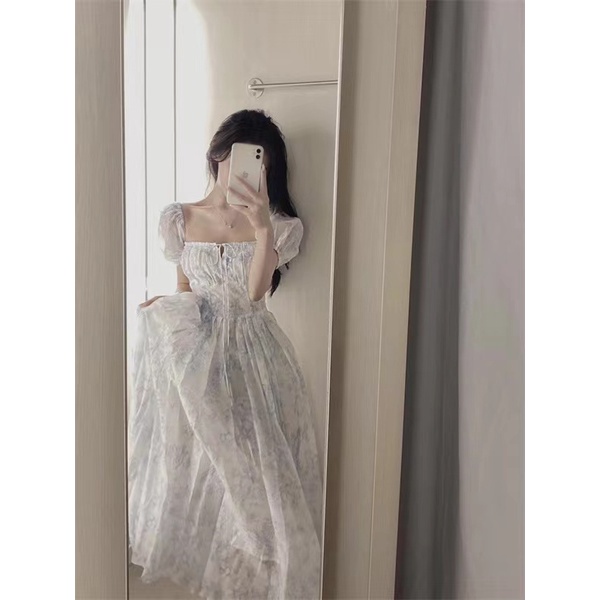 JaneQ Đầm hoa họa tiết Blue vintage pha hiện đại