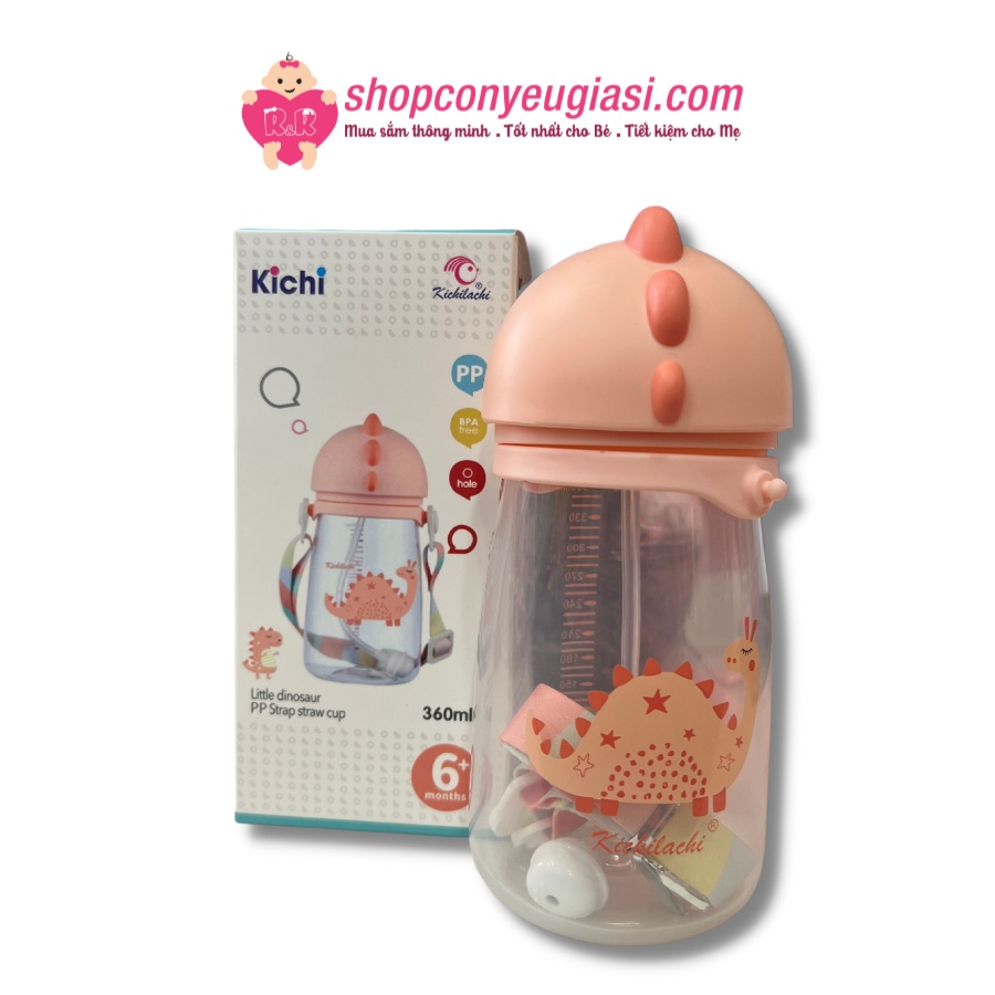 Bình tập uống nước khủng long KICHI, nhựa PP, có ống hút, 360ml - cho trẻ từ 6 tháng