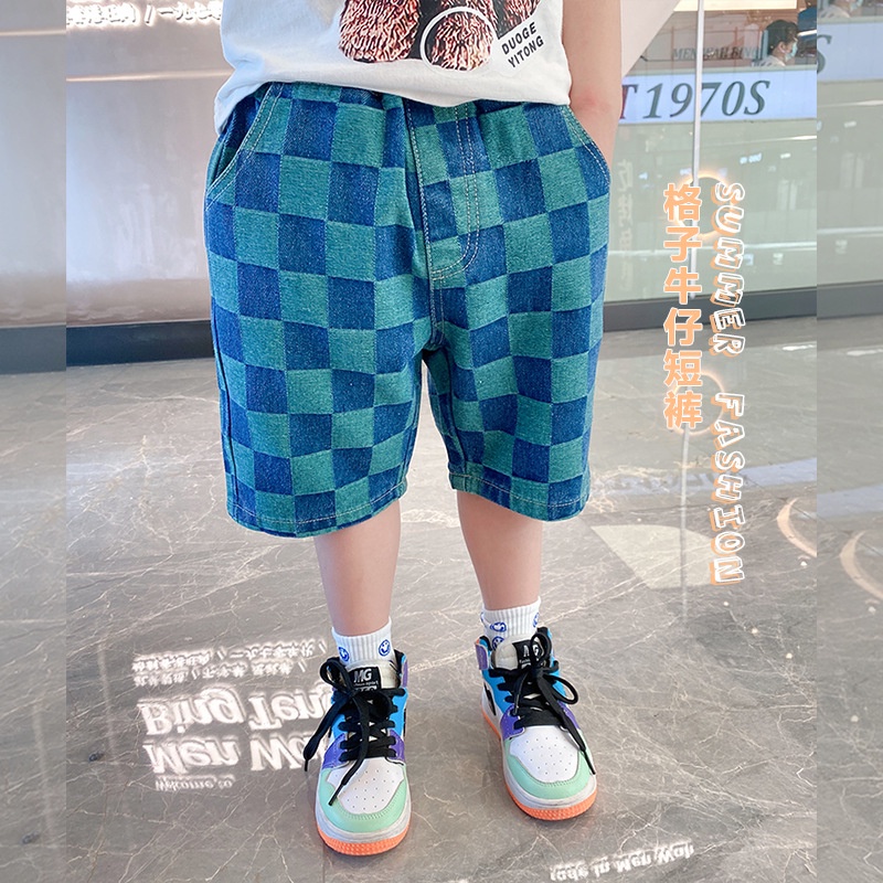 Quần Short denim Họa Tiết Caro Xanh Lá Thời Trang Mùa Hè Cho Bé