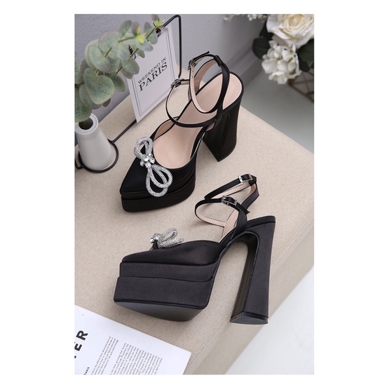 ORDER 🍀 Giày đế đúp gót trụ mũi nhọn nơ đá 35-42 12cm