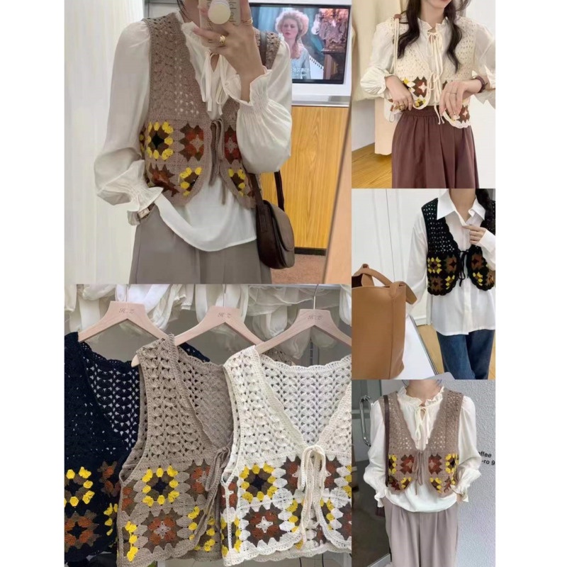 Áo Dệt Kim Không Tay Cổ Chữ v Thắt Dây Phong Cách Retro Dành Cho Nữ