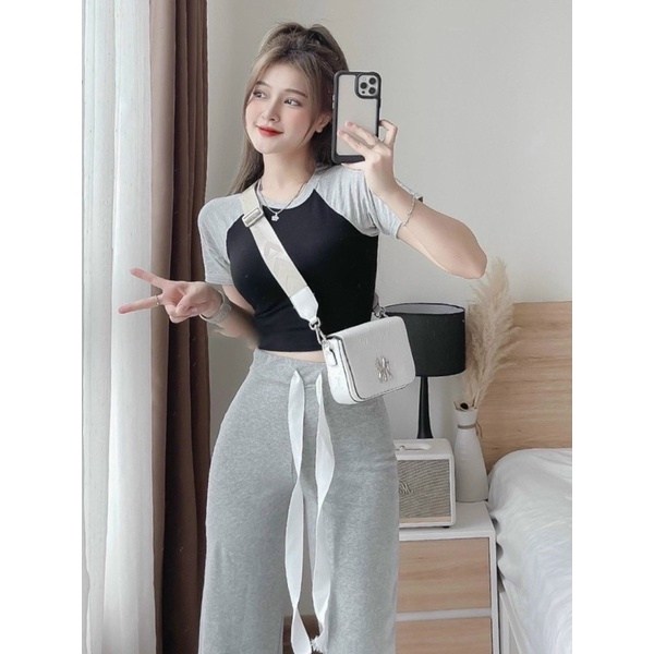 Set Bộ Nữ Áo Croptop Tay Ngắn Ráp Lăng Mix Quần Dài Dáng Suông Freesize