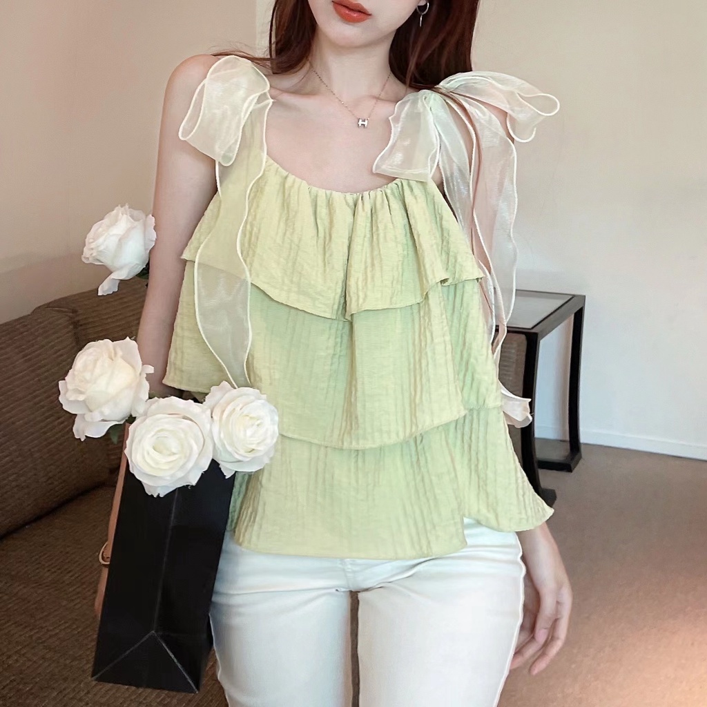 Áo Voan Hai Dây Phối Nơ Phong Cách Pháp Ngọt Ngào Thời Trang Mùa Hè Dành Cho Nữ