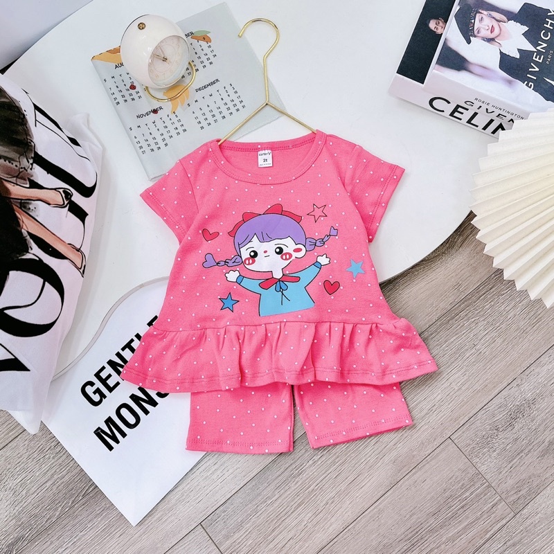 Đồ bộ babydoll dáng xoè bé gái in hình chấm bi